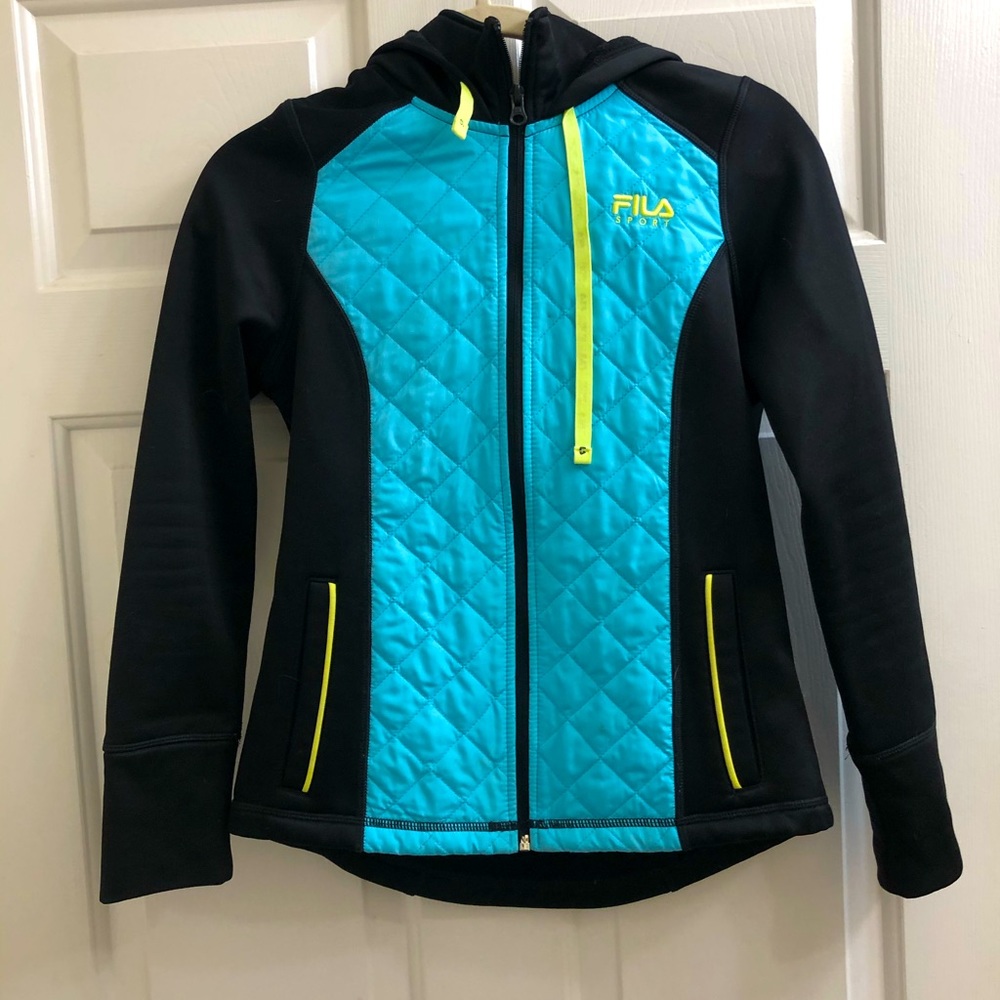 Fila zip up hooded fleece jacket, black & teal.